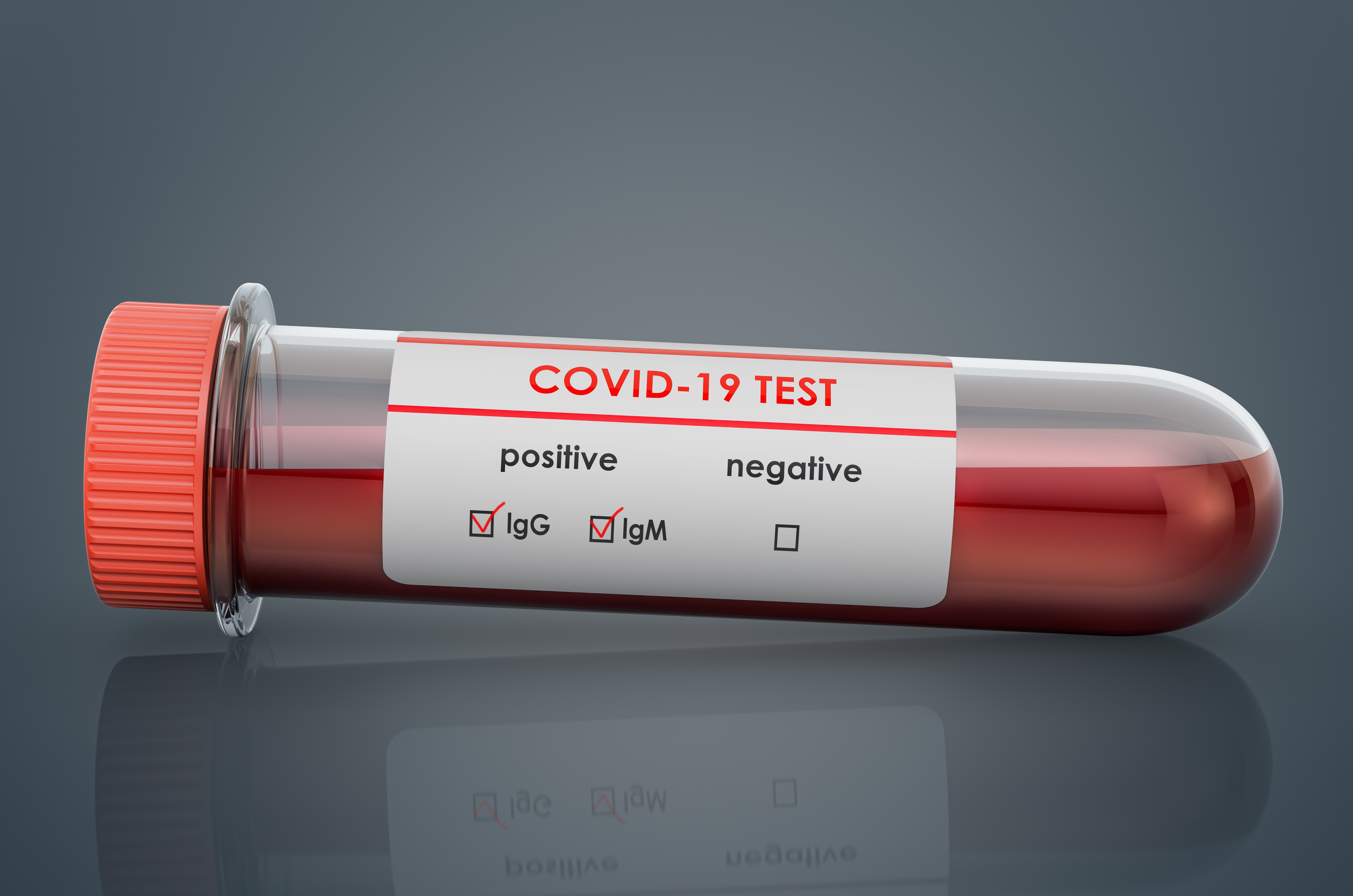Coronavirus test, COVID-19. Test tube with positive blood samples for Coronavirus test COVID-19, 3D rendering